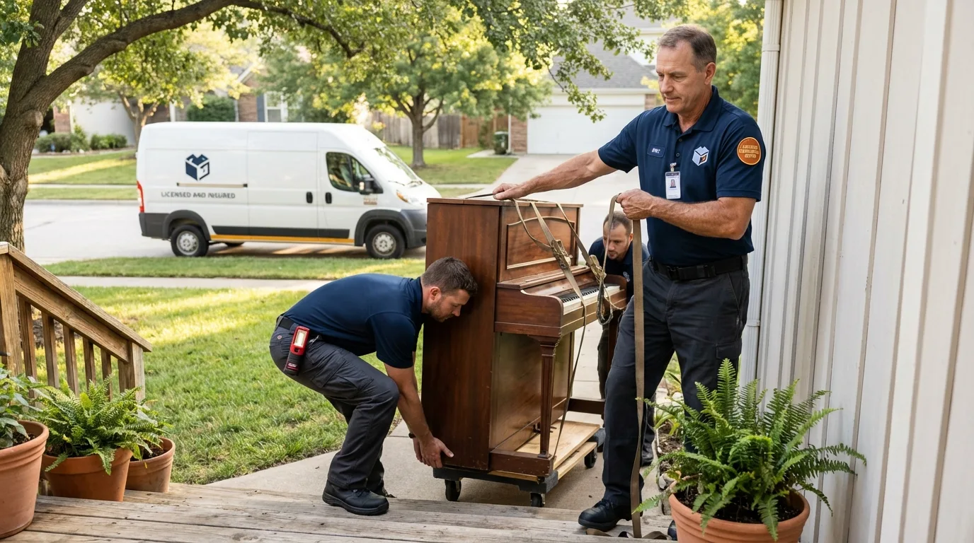 Licensed piano movers securing grand piano in Potomac, MD
