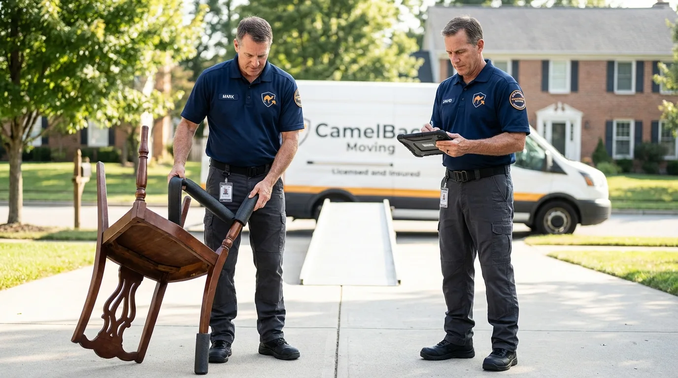 Movers inspecting furniture for damage prevention before loading in Potomac, MD