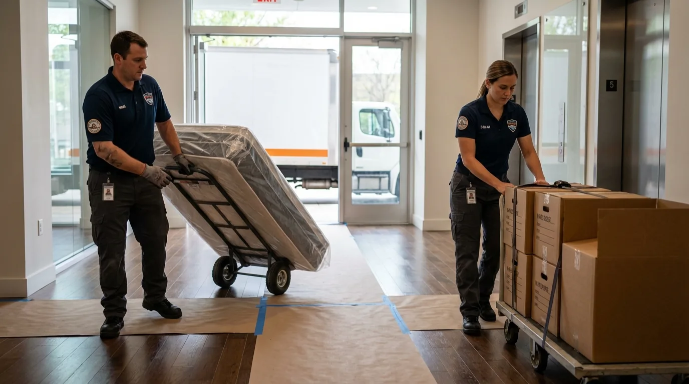 Professional apartment movers loading elevator in Potomac, MD